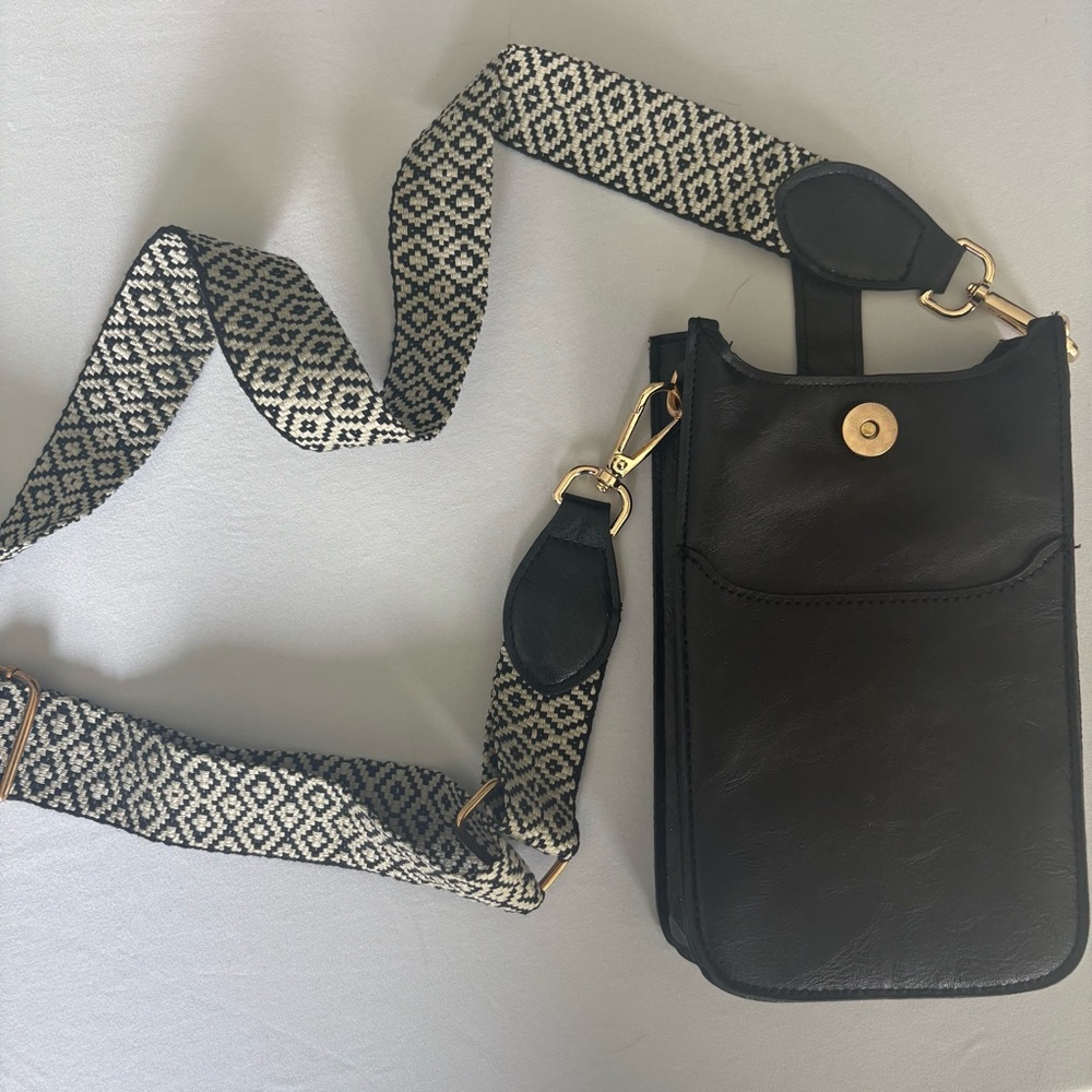 Black Leather Crossbody Bag with Patterned Strap, Phone Crossbody